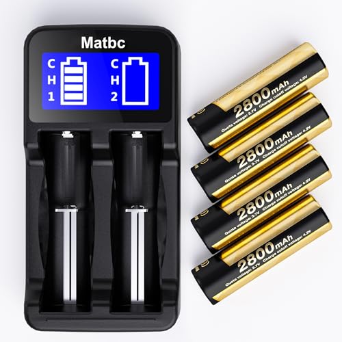 Matbc 4 pack 3.7 V 18650 Rechargeable Battery Flat top with Charger 2800 mah 18650 battery For Outdoor Garden Lights headlamps Flashlight Small Fan
