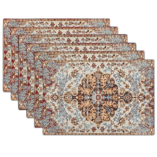 Image of Ethnic Boho Placemats Set of 6 Southwest Brown Blue Carpet Woven Texture Linen Washable Kitchen Dining Table Mats Stain Heat-Resistant Desktop Decor Place Mats for Home Party Indoor 12x18 in