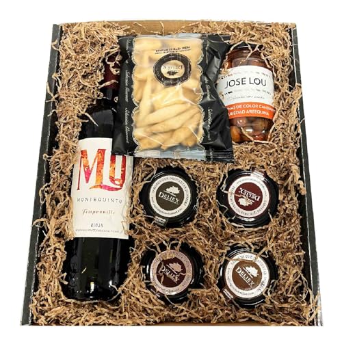 Estuche para regalo con vino tinto Rioja con pates de Iberitos, aceitunas Lou y cremas de quesos y colines Deliex delicias de Extremadura
