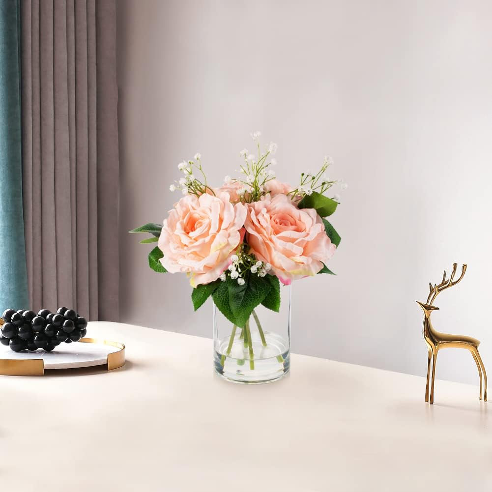 ENOVA FLORAL Large Silk Rose Artificial Flowers in Vase, Pink Rose Faux Flowers Arrangement in Round Bowl Vase with Faux Water for Home Table Decoration (Pink)