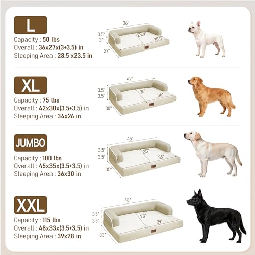 Image of Comfort Expression Washable Orthopedic Dog Bed for Extra Large Sized Dogs | Waterproof Memory Foam Pet Bed 48x33 Inch with Removable Cover with Non-Slip & Bolster, Beige