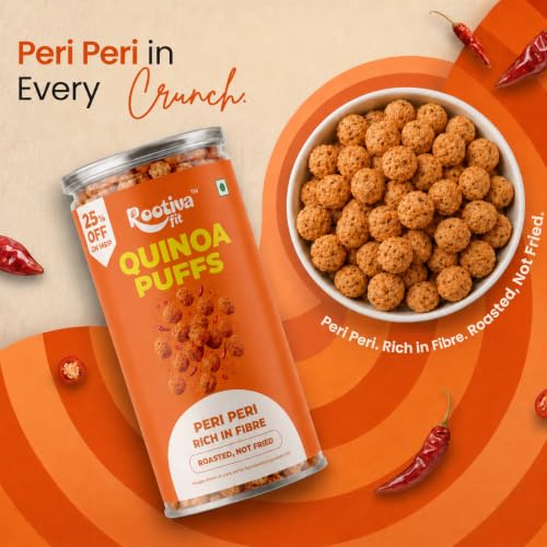 Image of ROOTIVAFIT Quinoa Puffs Peri Peri Flavour, Roasted Not Fried, Rich in Fibre, Made with Jowar and Quinoa Flour, 80 g, Pack of 1 | New