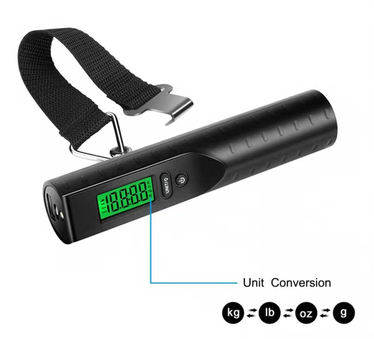 Báscula electrónica for equipaje, báscula for maletas, báscula digital portátil con pantalla LCD retroiluminada, ideal for viajes y equipaje.