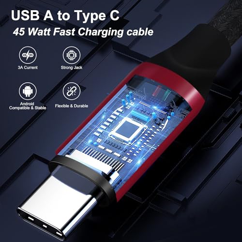 Image of USB to Type C Cable Unbreakable 45W / 3A Fast Charging Braided for Smartphones, Tablets, Laptops & All C Type Devices, 480Mbps Data Sync, Quick Charge 3.0, 1 Meter (T501-C, Black & Red)