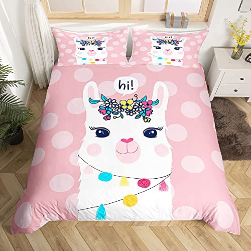 Llama Alpaca Comforter Cover Kids Cute Bedding Set Cartoon Llama Alpaca Duvet Cover for Boys Girls 3D Animal Theme Bedspread Cover Children Sweet Dessert Room Decor Bedclothes Pink Single