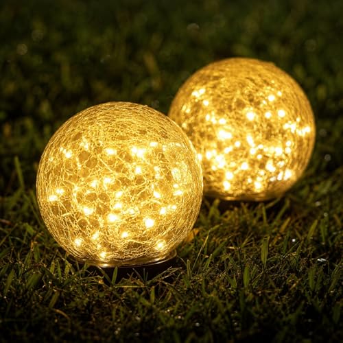 Ciskotu 2 Stück Bruchglas Solarlampen für Außen Garten 60 LED solarkugeln für Aussen Solar Bodenleuchten IP44 Wasserdicht Solarleuchten für Outdoor Balkon Terrasse Rasen Wege (Warmweiß)