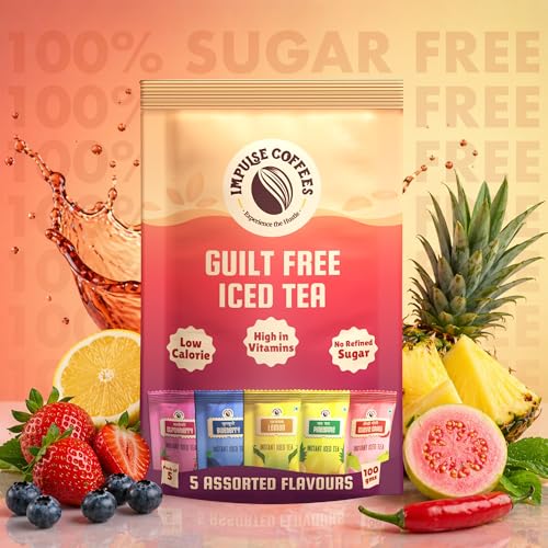 Image of Impulse Coffees Guilt Free Iced Tea Powder - Assorted Variety Pack | 5 Flavors - Lemon, Blueberry, Strawberry, Pineapple, Guava Chilli | Zero Refined Sugar | Vitamin C & B-Complex | 20g X 40 Sachets | 800g