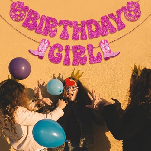 Image of Hot Pink Birthday Girl Banner, Disco Cowgirl Birthday Banner for Women, Western Cowboy Cowgirl BDAY Party Decorations Girls Rodeo BDAY Party Supplies
