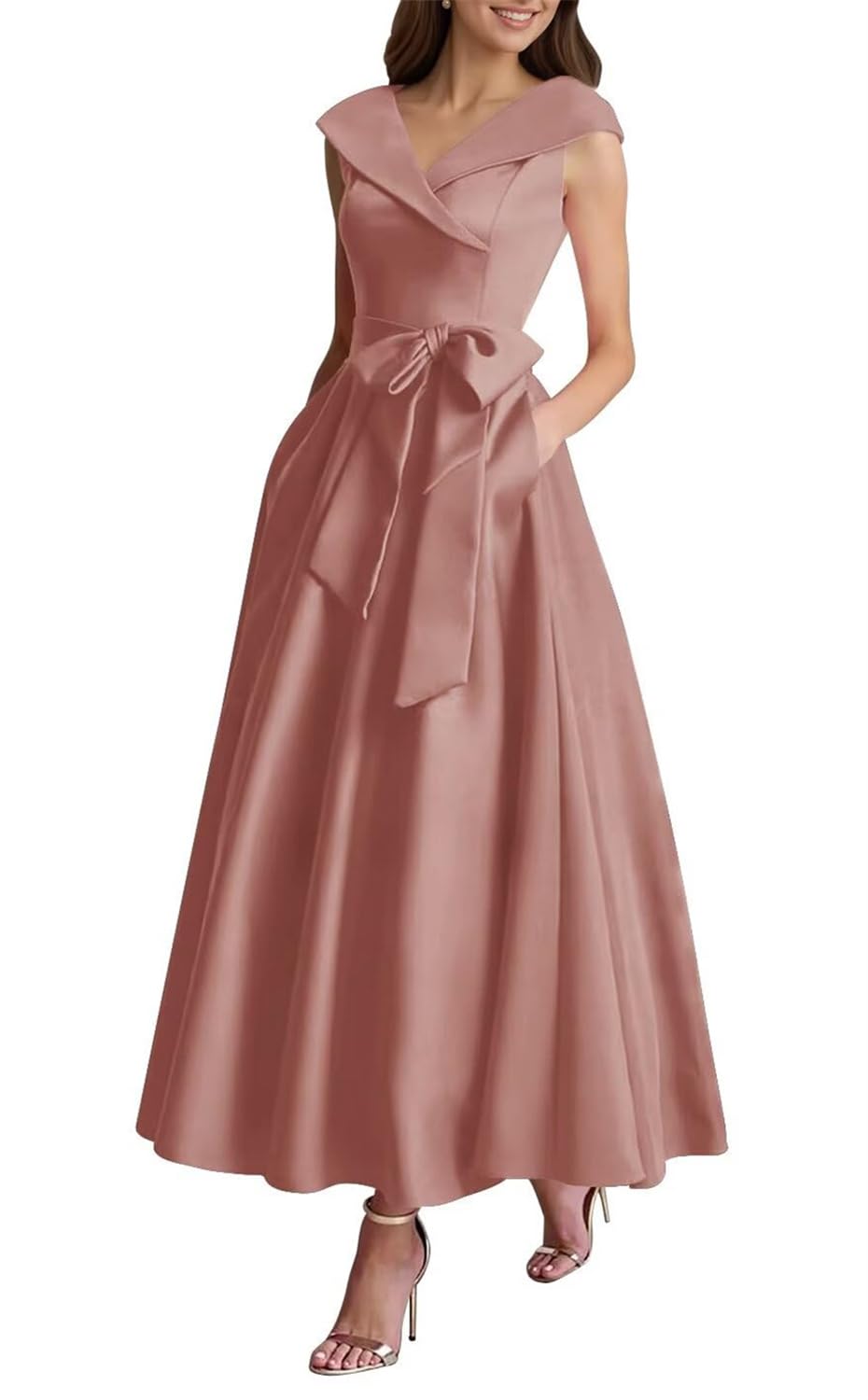 Kiyne Women's Dusty Rose Elegant Mother Of The Bride Dresses For Sleeveless Ankle Length Satin Formal Gown V Neck Evening Dress Uk18