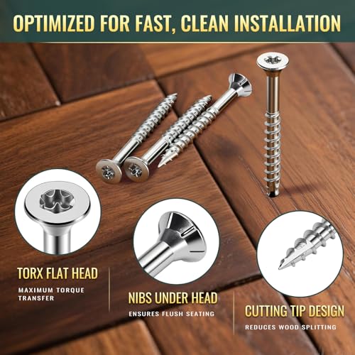 Image of #10 x 2-1 /2 inch Stainless Steel Wood Screws - 304 Stainless Steel Exterior Deck Screws (300 PCS), Corrosion & Rust Resistant, T25 Torx Flat Head for Outdoor Wood,Fence & Marine (3 Driver Bits Included)