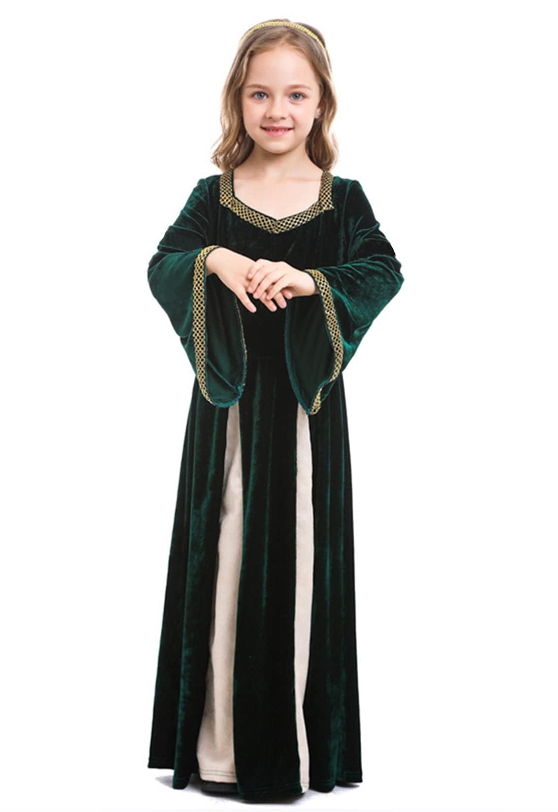 DELIVESS Girls Medieval Dress Renaissance Princess for Kids Halloween Outfit Costume 2 PCS (Dark Green, M) - Image 2
