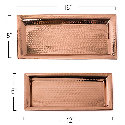 Colleta Home Hammered Copper Tray – Set of 2, Serving Platter 16x8 Inch, Rectangular Dish 12x6 Inch, Pure Copper Serving Tray, Stackable - Nesting Trays (2 Pack)