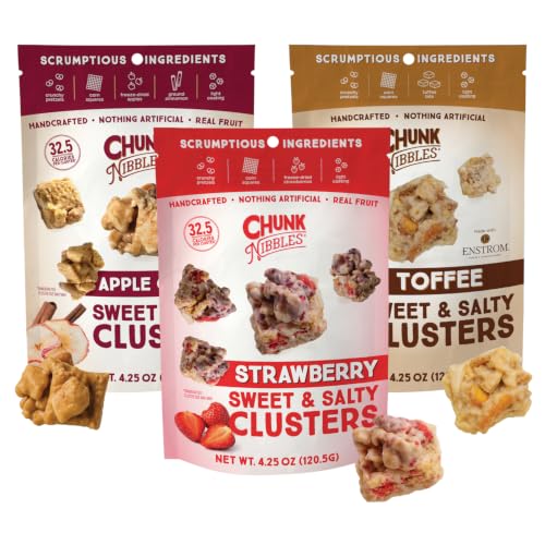Chunk Nibbles Variety Snack Pack - Strawberry, Apple Cinnamon, Toffee Clusters - Gourmet Sweet &amp; Salty Treat - Handcrafted, No Artificial Colors - 4.25oz Resealable Pouch (3 Pack)
