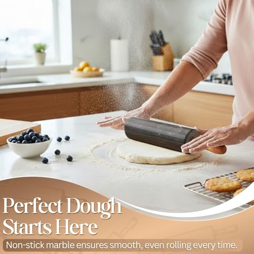 Image of Flexzion Black Marble Rolling Pin, 10-inch with Wooden Handle and Holder Base Stand, Marble Rolling Pin for Baking Pastry Pizza Dough Roller Fondant Cookie Pie Crust Pasta Bakery Roller Pin