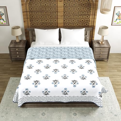 Image of BLOCKS OF INDIA 100% Cotton Dohar King Size Reversible Hand Block Printed Malmal Summer Dohar /Blanket (Color 48)