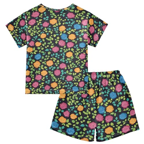 Colorful Roses Flower Pajama Set Pajamas Sleepwear Nightwear Loungewear Clothes Set B04042712