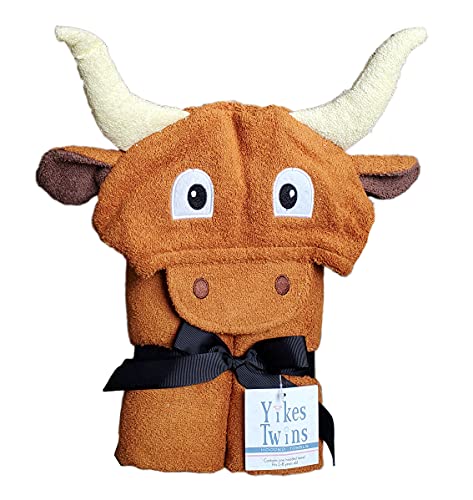 Image of Yikes Twins Hooded Baby Towel for Kids 2-8 | Large 100% Cotton Baby Towel for Girls or Boys | Unisex Cute Texas Longhorn Bath Towels for Babies and Toddlers