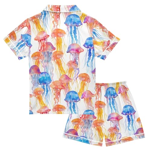 ALAZA Jellyfish Coral Watercolor Pajamas Satin Pajama Set Short Sleeve Button Down Sleepwear2