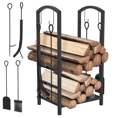 FIVMEN Estantería interior para leña de chimenea con 4 herramientas para chimenea, soporte para leña, soporte de madera, estantería de metal, incluye pala, alicates, cepillo, atizador, accesorios para