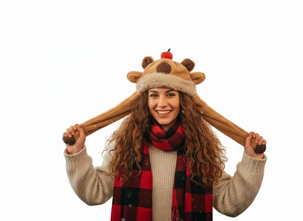 Moving Bunny Chu Chu Ear and Headphone Muffs with Chu chu Sound, Soft Plush Reindeer Hat with Moving Ears, Brown Animal Character Cap with Long Ears and Paws, Interactive Winter Novelty Accessory-picture-55