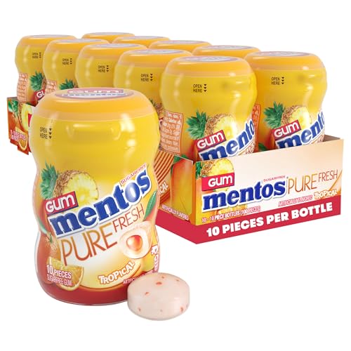 Image of Mentos Pure Fresh Sugar‑Free Chewing Gum with Xylitol, Tropical, Mini Nano Bottles, Miniature Pack Size, 10 Pieces (Pack of 10)