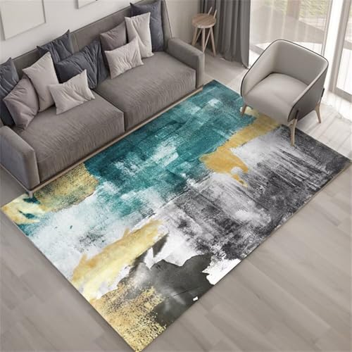 Tapis de salon confortable et durable poil court gris motif vert abstrait
