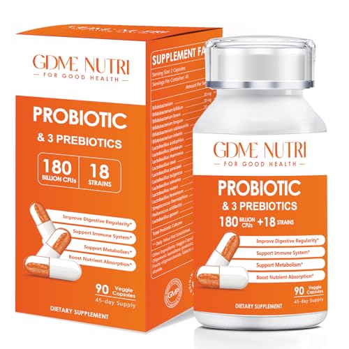 GDMENUTRI Probiotic Capsules, 90 Capsules 180 Billion CFU 18 Strains, Contains 3 Prebiotics, for Men & Women, Once Daily Probiotic Dietary Supplement, Boosts Digestive and Immune Health