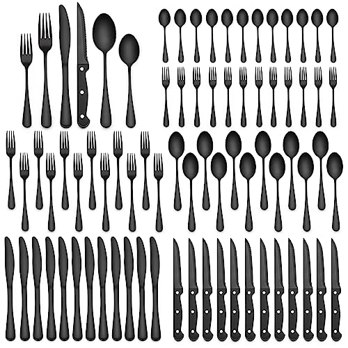 48-Piece Black Silverware Set with Steak Knives, Black Flatware Set for 8, Food-Grade Stainless Steel Tableware Cutlery Set, Kitchen Cutlery for Home Office Restaurant Hotel 48-Piece Black Silverware Set with Steak Knives, Black Flatware Set for 8, Food-Grade Stainless Steel Tableware Cutlery Set, Kitchen Cutlery for Home Office Restaurant Hotel