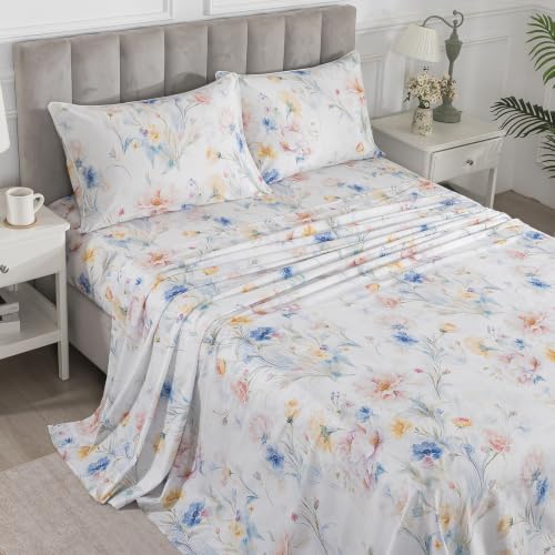 Image of Vintage Blue Floral Percale Bed Sheets Full Size Deep Pocket, 4Pcs | 100% Cotton Patterned Farmhouse Sheet Set, Peony Print Shabby Chic White Sheets, Luxury Toile Bedding, Wildflower, Soft Crisp