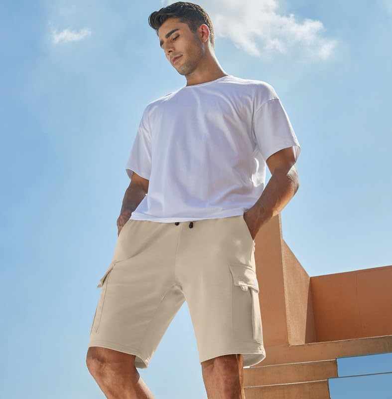 Image of Q - RIOUS Mens Casual Sweat Cargo Cotton Shorts Drawstring Elastic Waist Athletic Workout Gym Jogger Shorts with 5 Pockets