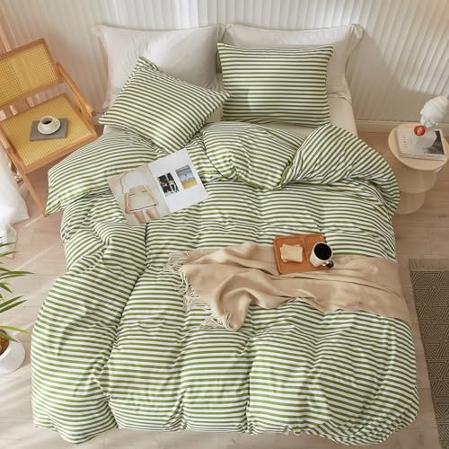 Image of LifeTB Striped Comforter Set Full Size 3 Piece Soft Fluffy Green White Stripes Pattern Printed Bedding Set Lightweight Breathable Comforter Set Farmhouse Striped Bedding Comforter with 2 Pillowcases