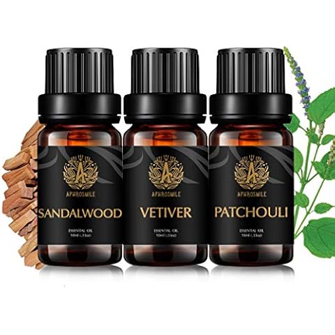Aromatherapy Patchouli Essential Oil Set for Diffuser, 3X10ml 100% Pure Vetiver Essential Oil Kit for Humidifier - Patchouli, Vetiver, Sandalwood Essential Oil Set, Aromatherapy Sandalwood Oils Kit Cover