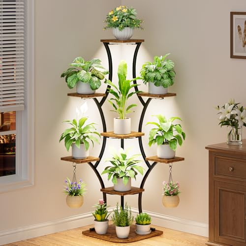 Image of Corner Indoor Plant Stand With Grow Lights, 8 Tier, 52.6 inch Tall | Plant Shelf, Flower Holder, Display Rack,Heavy Duty Anti-rust Iron Pipes, Water-resistant & Anti-corrosive Wood, Auto Timer