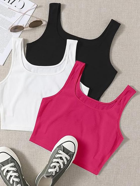 Image of Toochki Women's Knitted Sleeveless Solid Sqaure Neck Ribbed Tank & Crop Tops (Pack of 3)