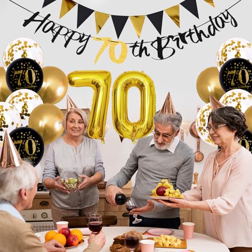 Image of Jobkoo 70th Birthday Decorations Men, Black Gold 70th Birthday Party Decoration Women Golden Black 70th Balloons 70th Cake Topper 70th Banner for 70 Year Old Party Supplies