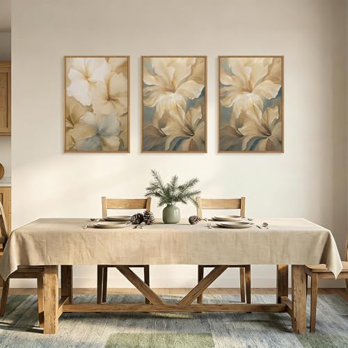 Image of KAIRNE Neutral Beige Flower Framed Canvas Wall Art Set, Modern Magnolia Floral Wall Decor,Aesthetic Warm Wildflower Art Prints,Boho Botanical Artwork for Living Room,Bedroom,Farmhouse,Office-24 inchx36 inchx3