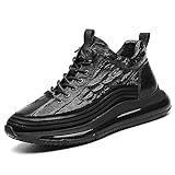 RiceelSor Men's Crocodile Pattern Leather Sneakers Slip-on Casual Air Cushion Elastic Waterproof Non-Slip High-Top Height Lifting Comfortable Shoes (Black,8.5,Men,8.5)