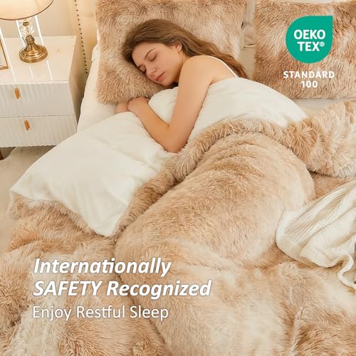 Image of EMME Luxury Khaki Fuzzy Duvet Cover Set Twin Size Fluffy Comforter Cover Set 2 Pieces Shaggy and Plush Soft Bedding Duvet Covers (Tie Dye Khaki, Twin)