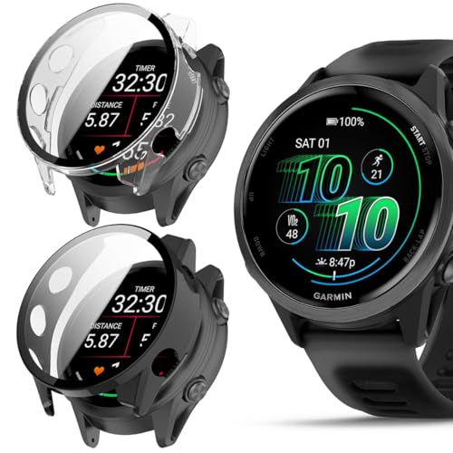 Confezione da 2 custodie pc compatibili con Garmin Forerunner 570 da 42 mm con pellicola protettiva in vetro temperato copertura completa custodia rigida antiurto in