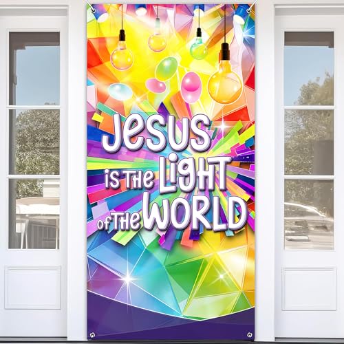 VBS 2026 Decorations Door Cover 70.8x 35.4 Inches Jesus is The Light of The World Religious Christian Door Banner Colorful Light Bulb Hanging Banner for Vacation Bible School Decor Supplies