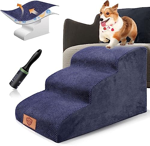 HEVOL Dog Stairs for Small Dogs,2 Tiers Non-Slip Pet Steps,High Density Foam Pet Ladder for Injured Dogs,Older Dogs Cats-Send 1 Pet Hair Remover Roller,Grey,40 x 30 x 40cm