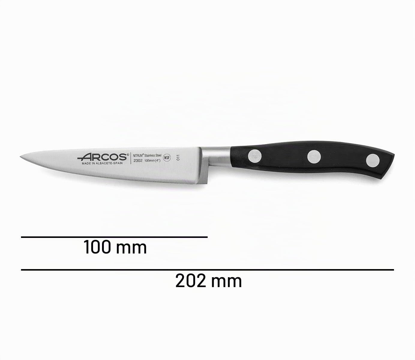 Arcos Riviera - Juego de Cuchillos de Cocina Profesional (Mondador 100 mm, Santoku 140 mm, Chef 200 mm) - Acero Inoxidable Forjado NITRUM, Mango Ergonómico Negro - 3 Piezas en Estuche
