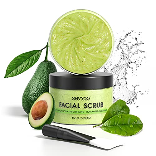 Green Tea Facial Scrub, SHVYOG Organic Avocado & Green Tea Face Scrub With Brush, Exfoliating Facial Scrub Moisturizes Face, Exfoliating Face Wash to Treat Acne, Blackheads, Large Pores and Oil
