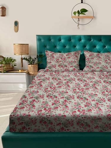 Image of ROSARAHOME 180 TC Microfiber Flat Queen Size Double Bed Bedsheet with 2 Pillow Cover| Bedsheet:240cmx225cm Pillow Covers:45cmx70cm,Floral Red