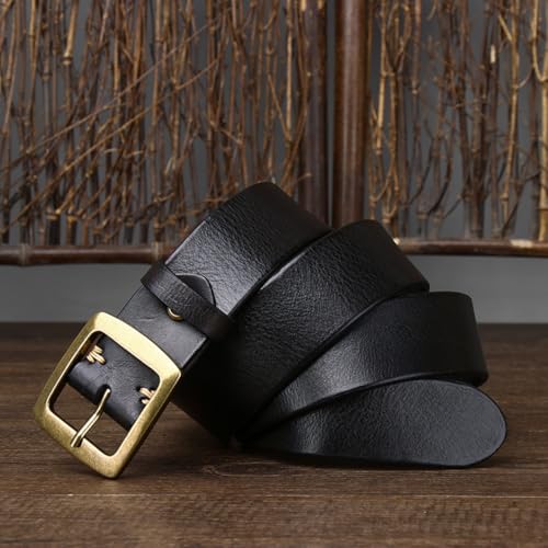 3.8cm Wide Vintage Genuine Top-Grain Leather Belt for Men Women Classic Solid Brass Square Buckle Versatile Casual Strap(110cm/43, Black)2