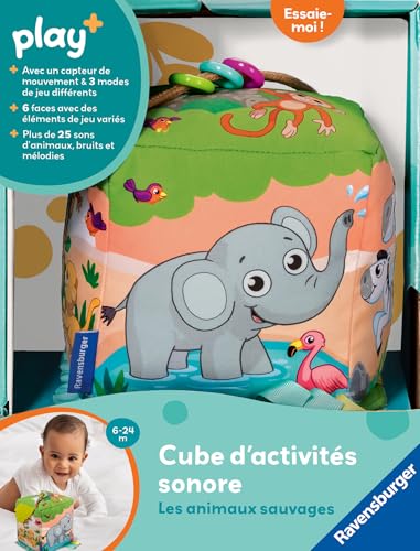 Ravensburger Play+ - Cube d'Activité Bébé Sonore Animaux Sauvages 6 Mois - Cube Activité Bébé Éveil Musical Sensoriel - 3400