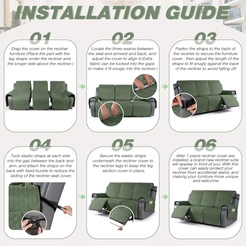 Image of TAOCOCO 100% Waterproof Recliner Covers, Recliner Sofa Covers with Leg Straps, Reversible Recliner Couch Cover for Reclining Chair, Washable Couch Protector for Pets Kids(3 Seater, Moss Green)
