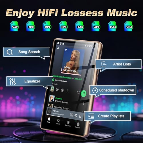 Image of 128GB Android 11 MP3 Player with Bluetooth 5.0 and WiFi, 5 inch HD Touchscreen Portable Music Player for Spotify, YouTube, Audible and Amazon Music, Supports up to 256GB, Gold