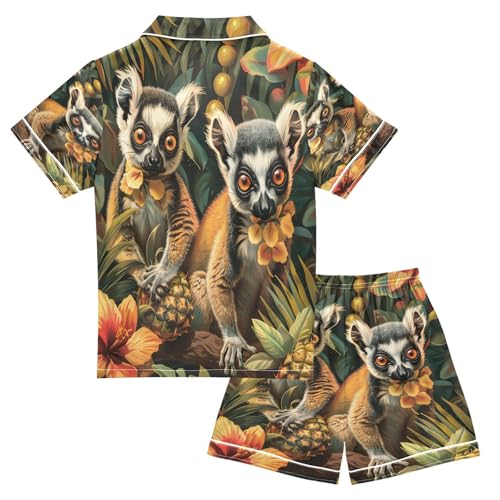 Satin Pajama Sets Short Sleeve Tropical Lemurs Floral Backgrounds Button Down Silky Nightwear 2 Piece PJS 5-14Y2