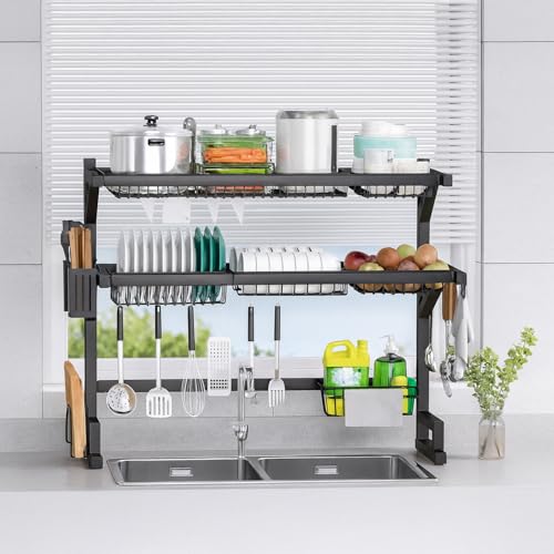 Image of Epicasa Premium Over Sink Dish Drying Rack, 2 Tier Stainless Steel Dish Organizer with Cutlery Basket & Hooks, Multi Storage & Space Saving Kitchen Organizer, 65 cm | Black